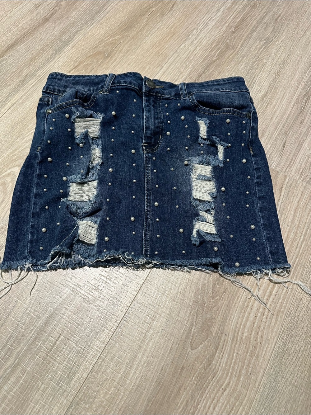 VIP Dark Blue Distressed Pearl-Stud Denim Mini Skirt